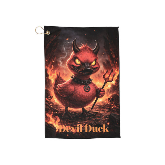 Devil Duck Golf Towel — Funny Flaming Mascot Club Towel with Grommet & Hook