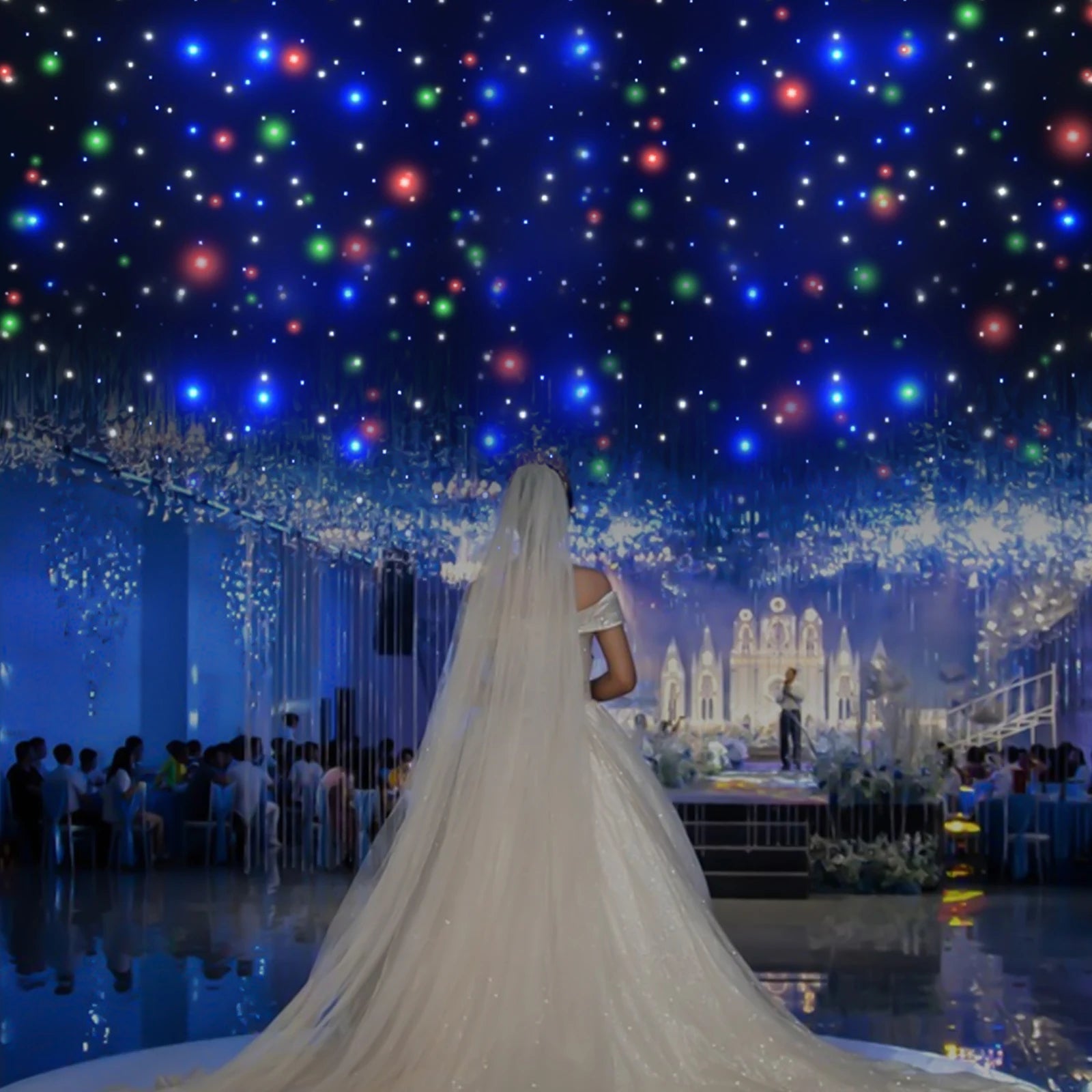 13 * 13ft RGBW LED Stage Backdrop, Velvet Star Curtain Drape Background Decor with DMX Control Voice Activated for Wedding Party